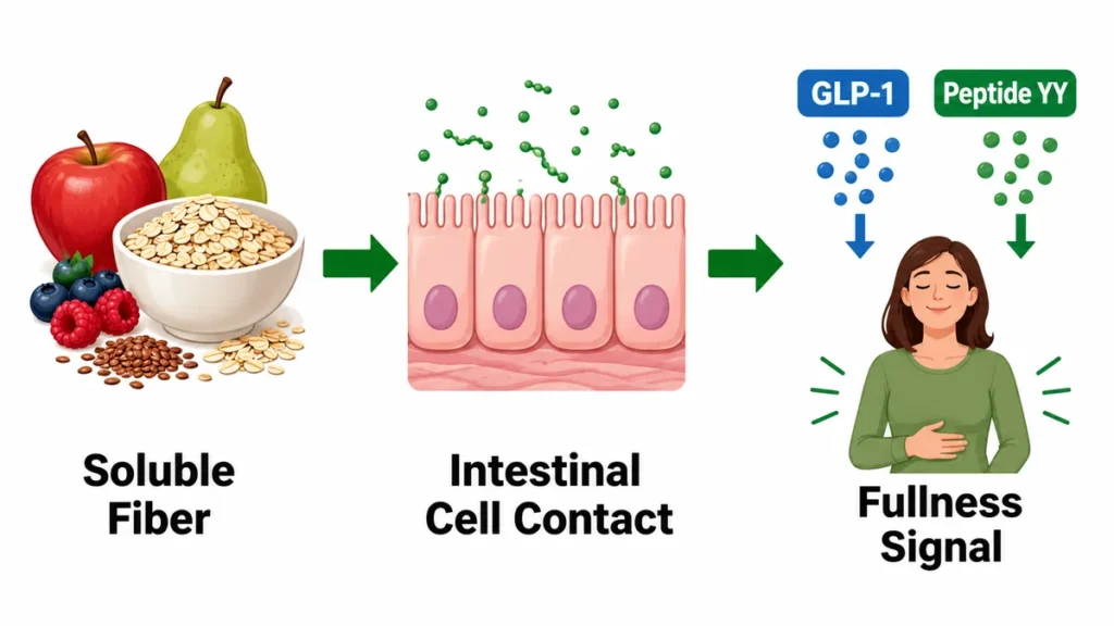 Process flow diagram of soluble fiber interaction demonstrating the activation of GLP-1 and Peptide YY fullness signals, mapped with thick green directional arrows and bold text labels.