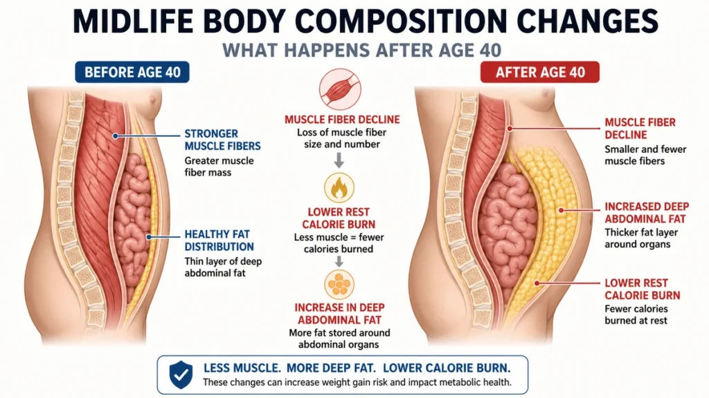 Cross-section medical illustration of midlife body composition changes demonstrating how muscle decline triggers a lower resting calorie burn, mapped via side-by-side before and after age 40 comparisons with bold labels.