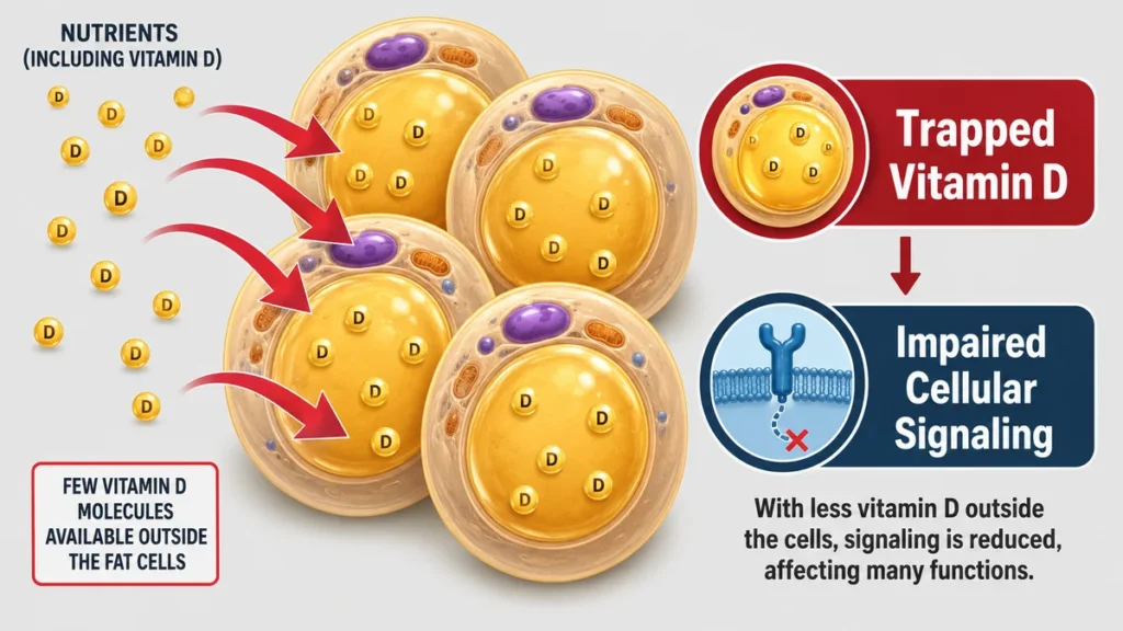 Medical illustration diagram of fat tissue sequestering vitamin D demonstrating impaired cellular signaling, mapped with crimson directional arrows and clear side-by-side informational callout cards.