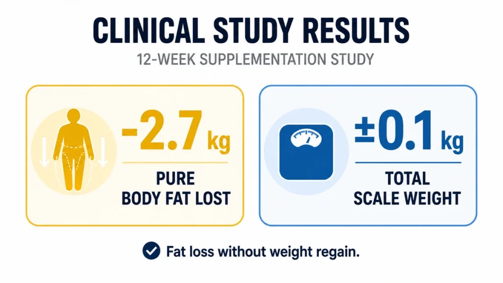 Data visualization dashboard of clinical trial findings demonstrating a two point seven kilogram reduction in pure fat mass alongside stable total scale weight, structured via dual side-by-side metric cards.