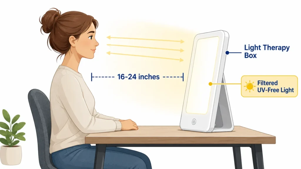Diagram of a light therapy box setup illustrating the correct distance and positioning to ensure safe exposure.