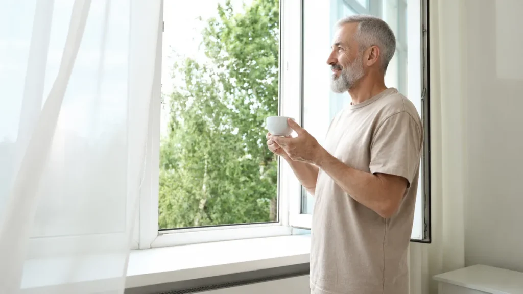 Mature man standing near a sunlit window to regulate circadian rhythms and support cardiovascular function.