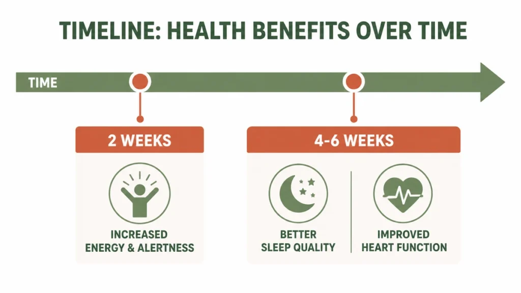 Timeline diagram showing the expected two-week and six-week milestones for cardiovascular and sleep improvements after starting a morning light habit.
