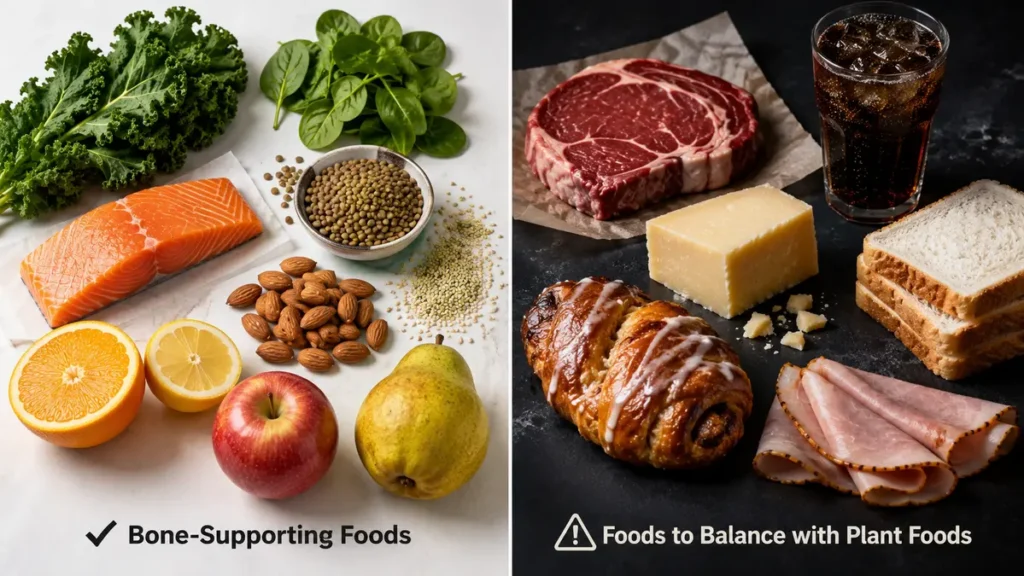Collage comparing bone-supporting foods like leafy greens, salmon, lentils, almonds, citrus, and fruit with red meat, cheese, processed foods, and refined grains that should be balanced with plant foods for better bone health.
