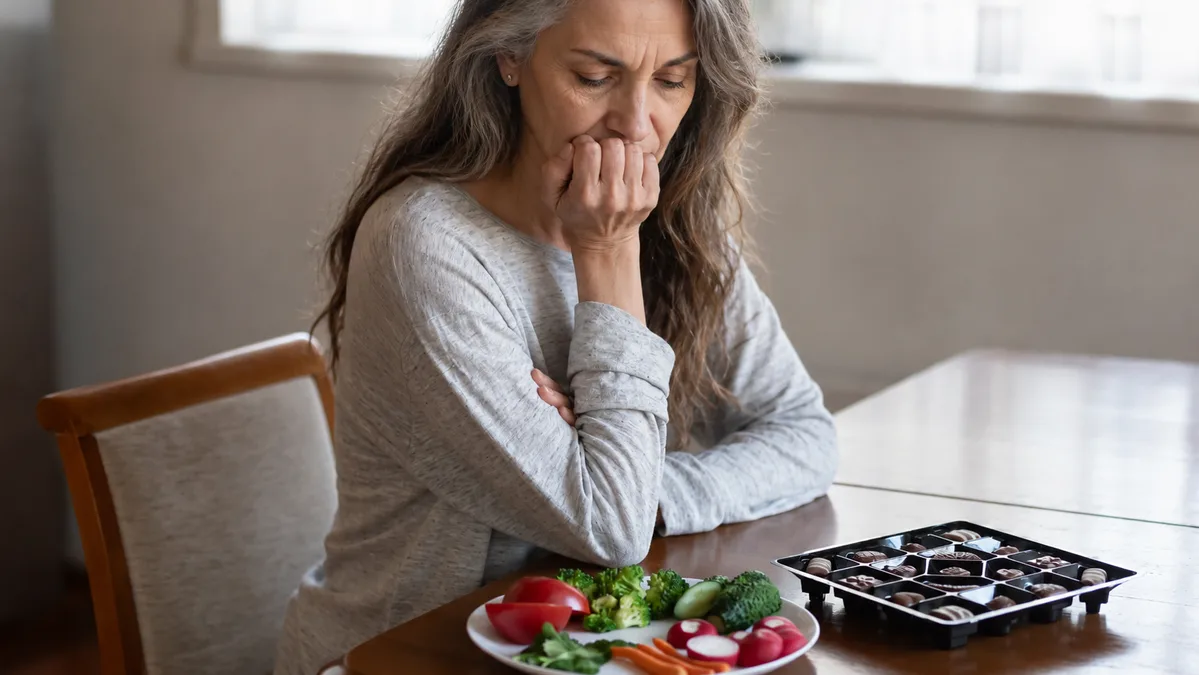 Older woman looking concerned while choosing between healthy vegetables and chocolates, highlighting hidden diet mistakes that weaken bones.
