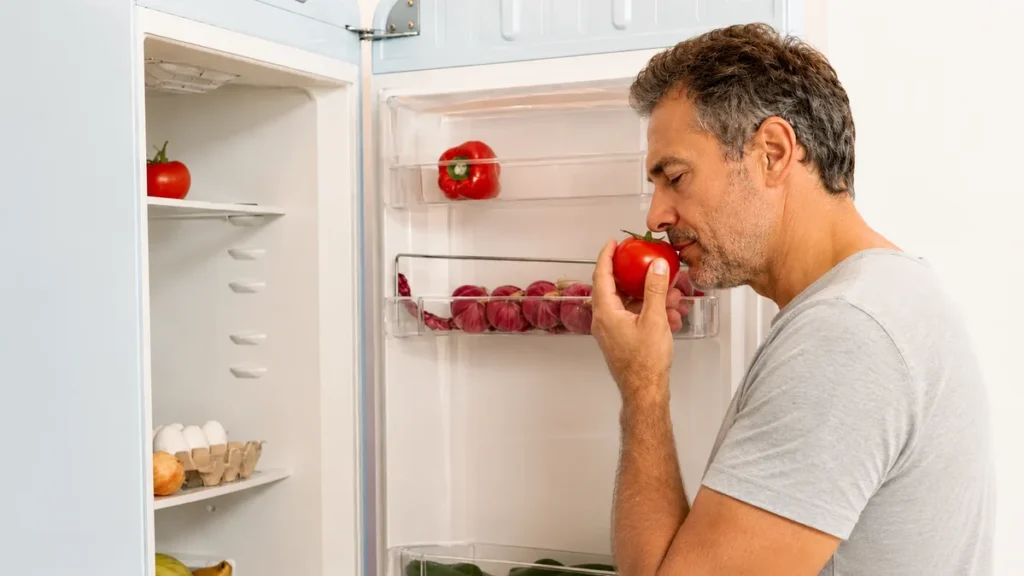 Man smelling a fresh tomato pulled from an open refrigerator, checking it for aroma and ripeness before cooking.