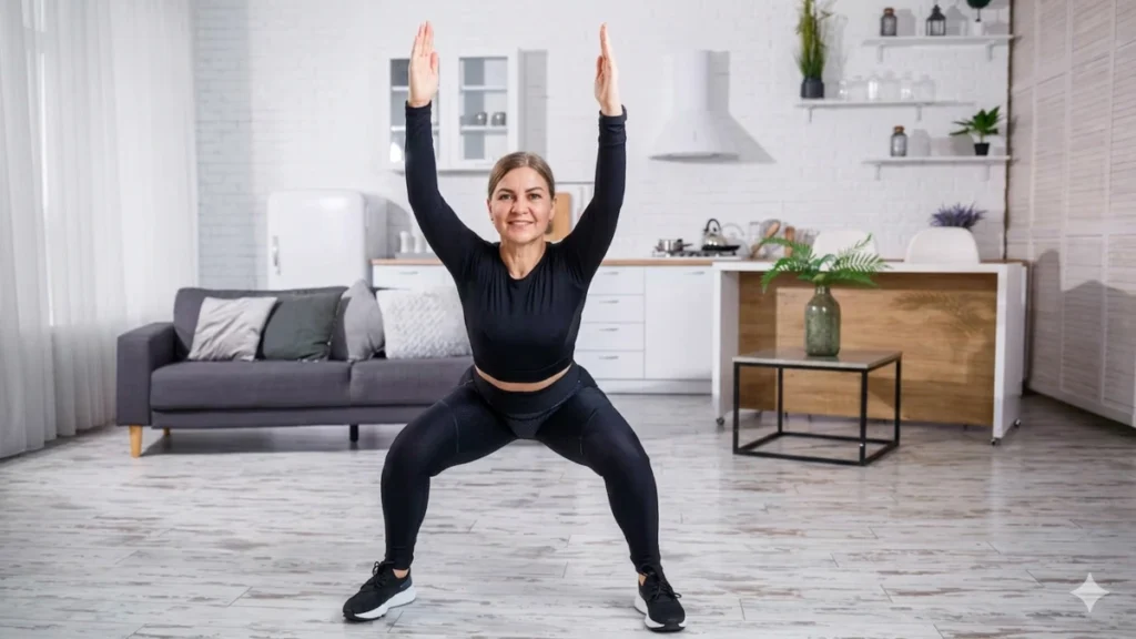 Woman in black activewear doing jumping jacks with arms raised in a bright modern living room during morning workout.