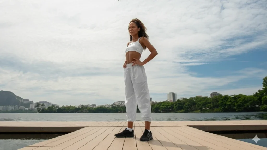 Mature woman in white activewear standing in confident power pose with hands on hips on outdoor dock overlooking city waterfront.