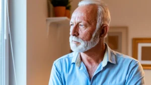 Older man with white beard gazing out window with a concerned expression, reflecting on early warning signs of dementia.