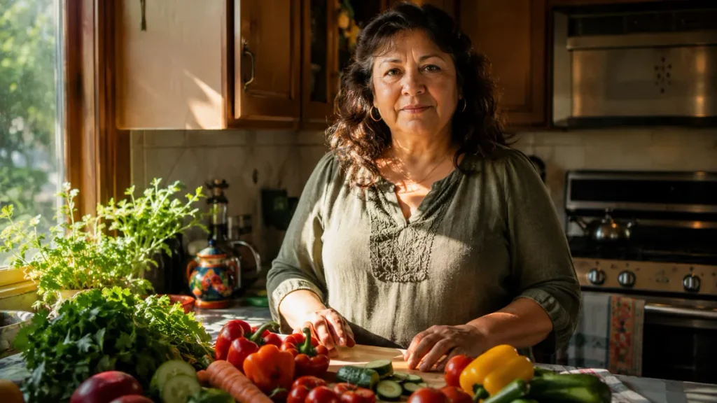 Woman in her 50s preparing colorful whole vegetables in warm morning kitchen light — healthy meal prep for cutting sugar and supporting metabolic health.