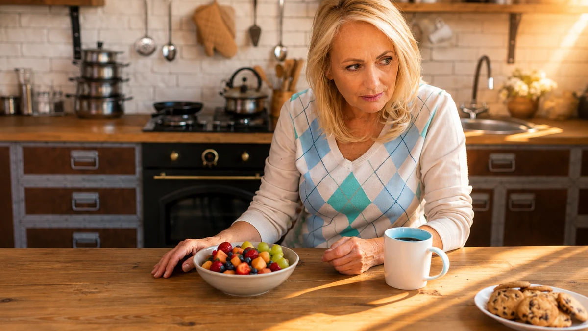 Woman in her 50s at a kitchen counter, hand resting beside a fruit bowl with cookies nearby, gaze drifting on a 30-day no sugar reset.