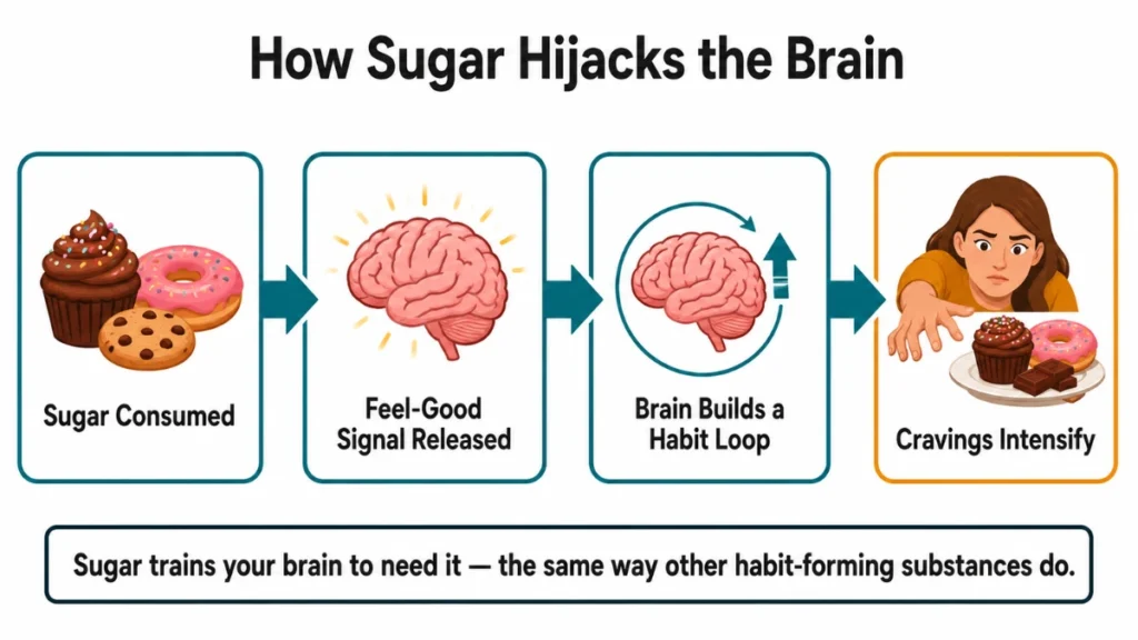 Four-stage process diagram of the sugar-brain habit loop demonstrating how a feel-good signal builds into intensifying cravings, with thick arrows connecting each illustrated stage and an amber-bordered final box signaling escalation.