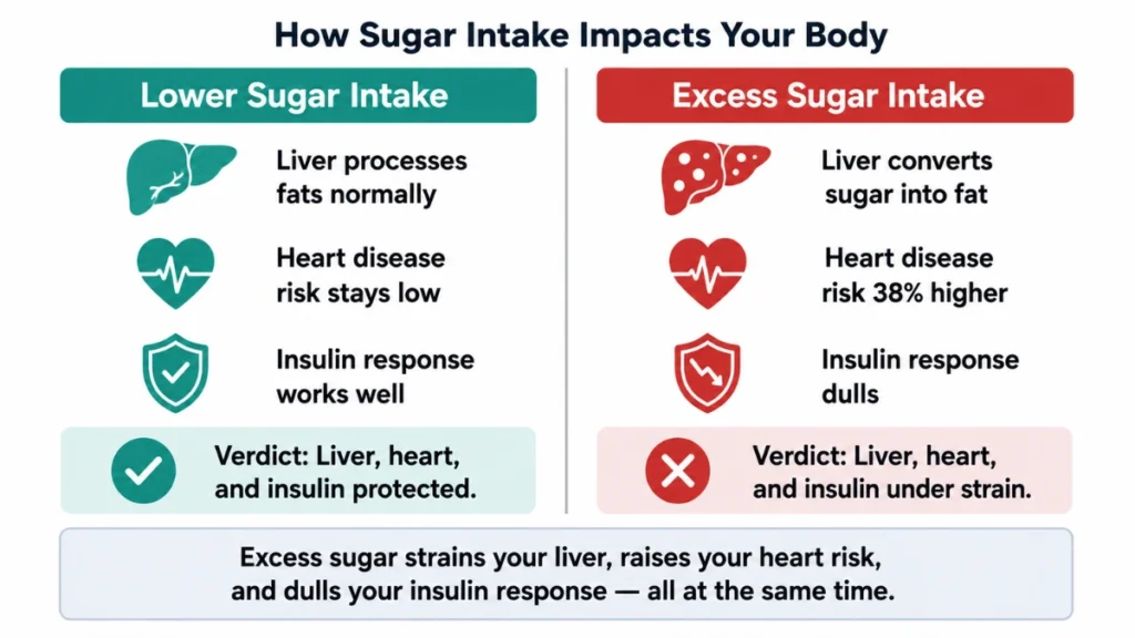 Mirrored two-column comparison diagram of lower versus excess sugar intake demonstrating simultaneous strain on the liver, heart disease risk, and insulin response, with teal icons on the healthy side and red icons on the high-sugar side, each column closing with a verdict phrase marked by a check or cross.