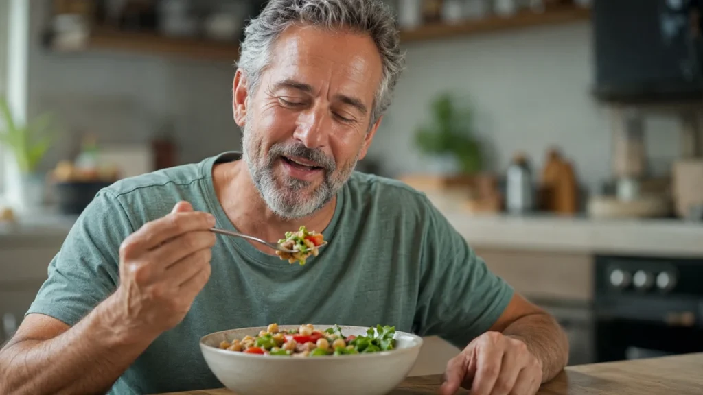 Man in his late 50s lifting a spoon of whole-food salad with eyes nearly closed, savoring flavors that feel new after cutting out sugar.