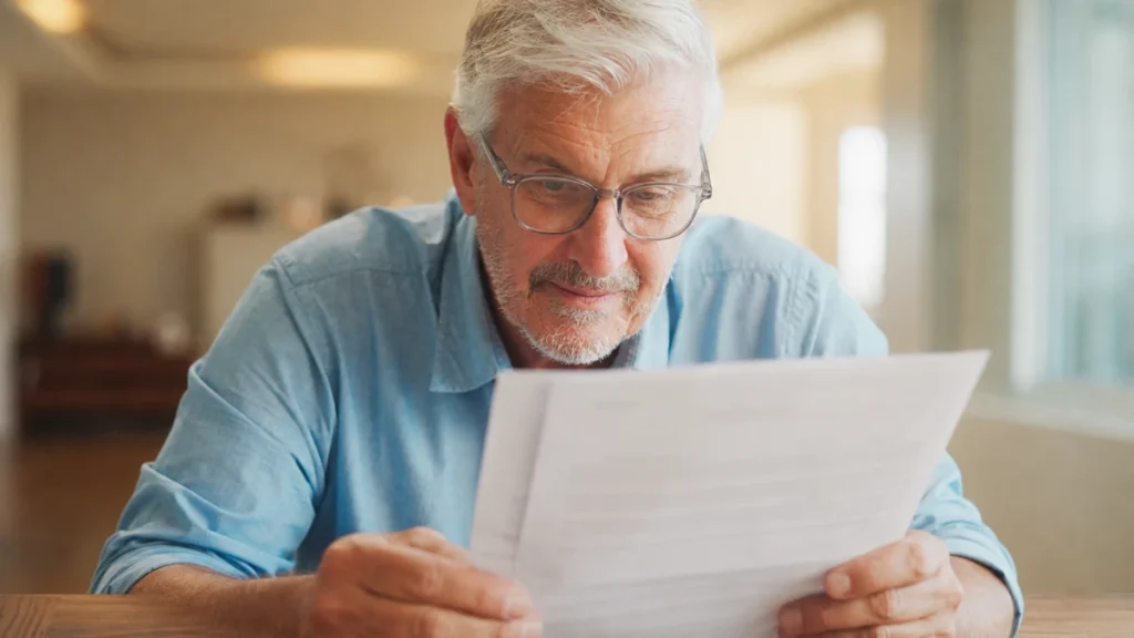 Man in his late 60s leaning forward to read printed health results at a wooden table, a quiet smile suggesting the numbers have finally moved his way.