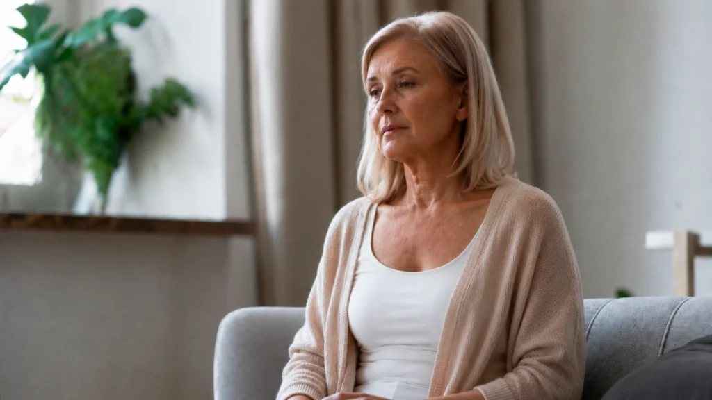 Mature woman sitting tiredly on a couch in natural light, persisting through the difficult middle days of cutting out sugar