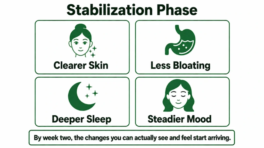 Four-panel infographic showing week-two sugar-free improvements: clearer skin, less bloating, deeper sleep, and steadier mood.