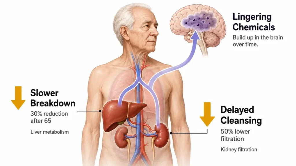 Anatomical process diagram of age-related drug metabolism illustrating a thirty percent reduction in liver breakdown and fifty percent lower kidney filtration, with a fluid pathway tracking how active sedatives linger in the older brain.