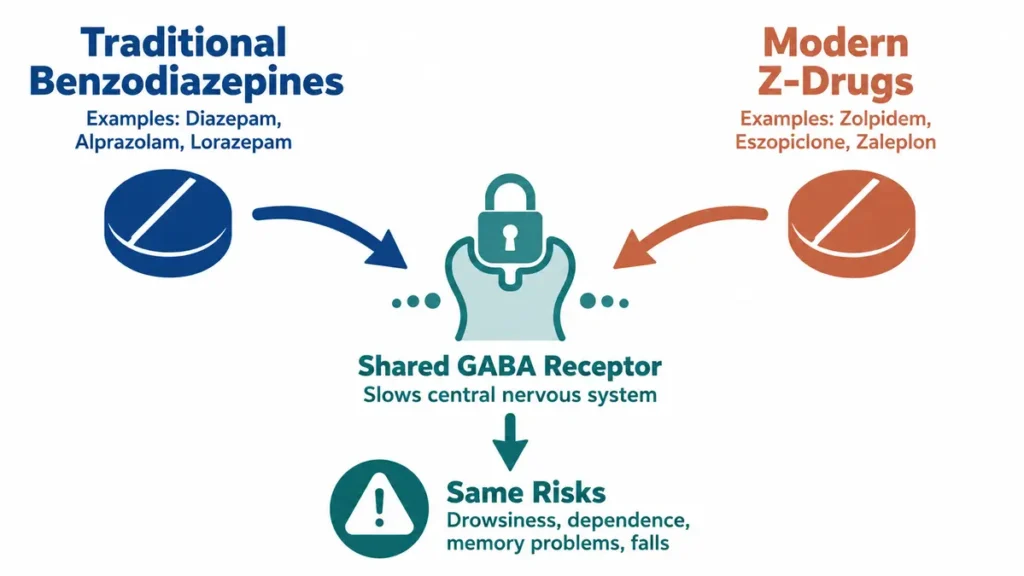 Side-by-side comparison diagram of traditional benzodiazepines and modern Z-drugs showing both pill pathways converging onto a shared GABA receptor lock to illustrate identical central nervous system and dependency risks.