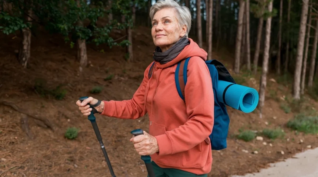 Senior woman walking outdoors with a weighted backpack and trekking poles, demonstrating how rucking burns more calories than regular walking.