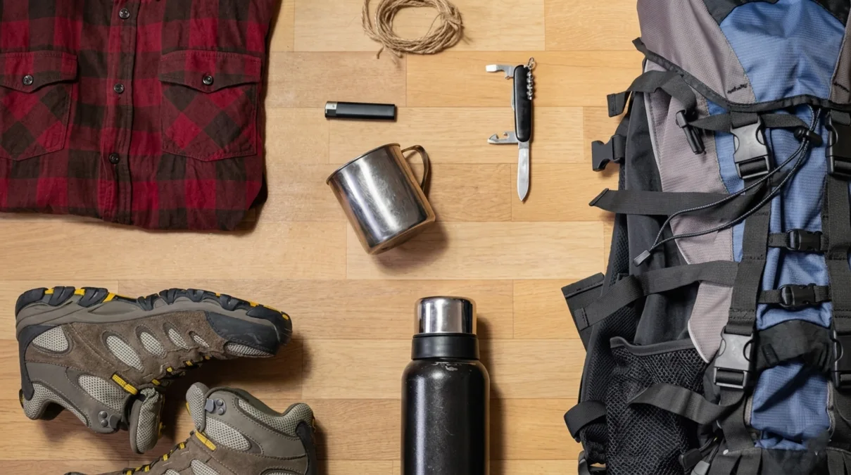 Rcking gear flat lay featuring a backpack with chest straps, supportive hiking shoes, and water bottle for outdoor fitness walks.