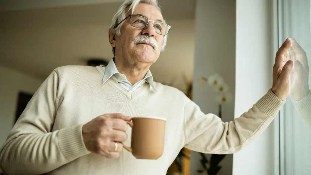 Older man standing at window holding coffee mug and touching frame with deliberate gaze, practicing sensory grounding to ease anxiety.
