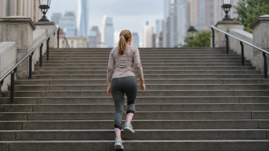 Woman climbing outdoor city stairs on a sightseeing walk to boost daily step count.