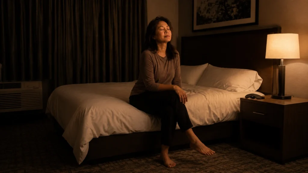 Tired traveler sitting on hotel bed in evening light preparing for restful sleep after a long travel day.