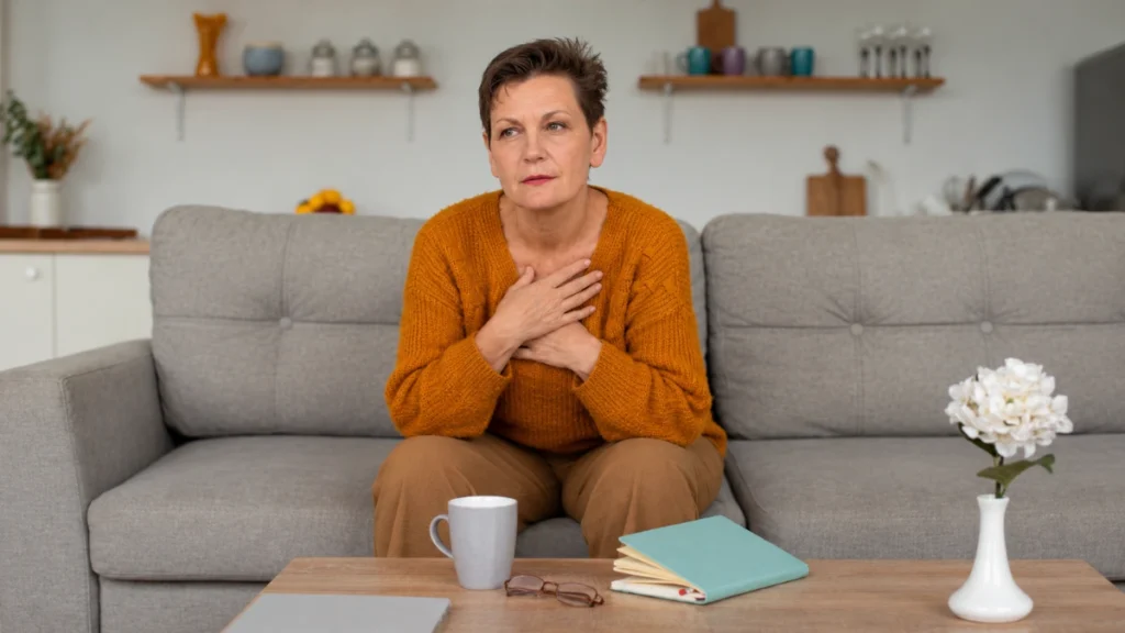 Woman sitting on couch with hand pressed to chest and distant gaze experiencing somatic anxiety relief.