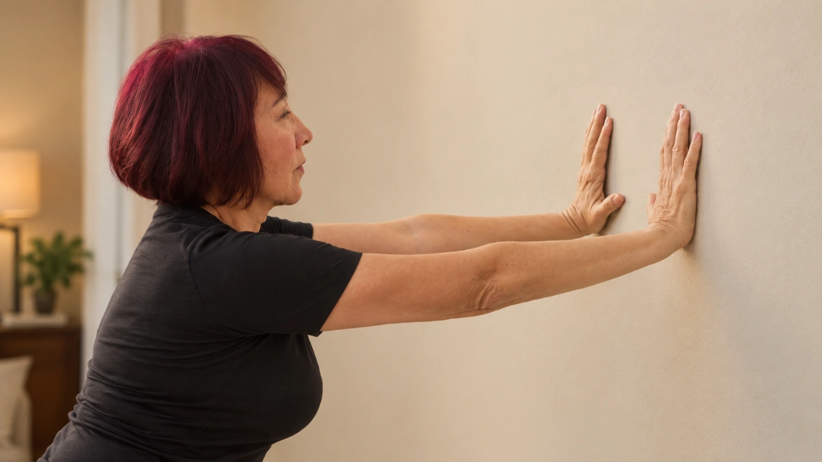 Woman pressing both palms firmly against a wall at home to release anxious tension and regain physical grounding.