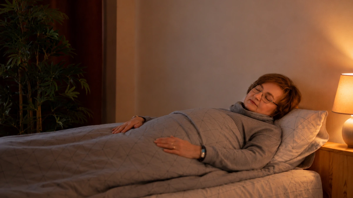 Woman lying flat under grey textured blanket in dimly lit bedroom with eyes closed, settling into rest through body-based calming.
