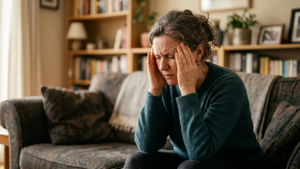 Woman sitting on couch with both hands pressed to temples and eyes closed unable to think her way out of anxious spiral.