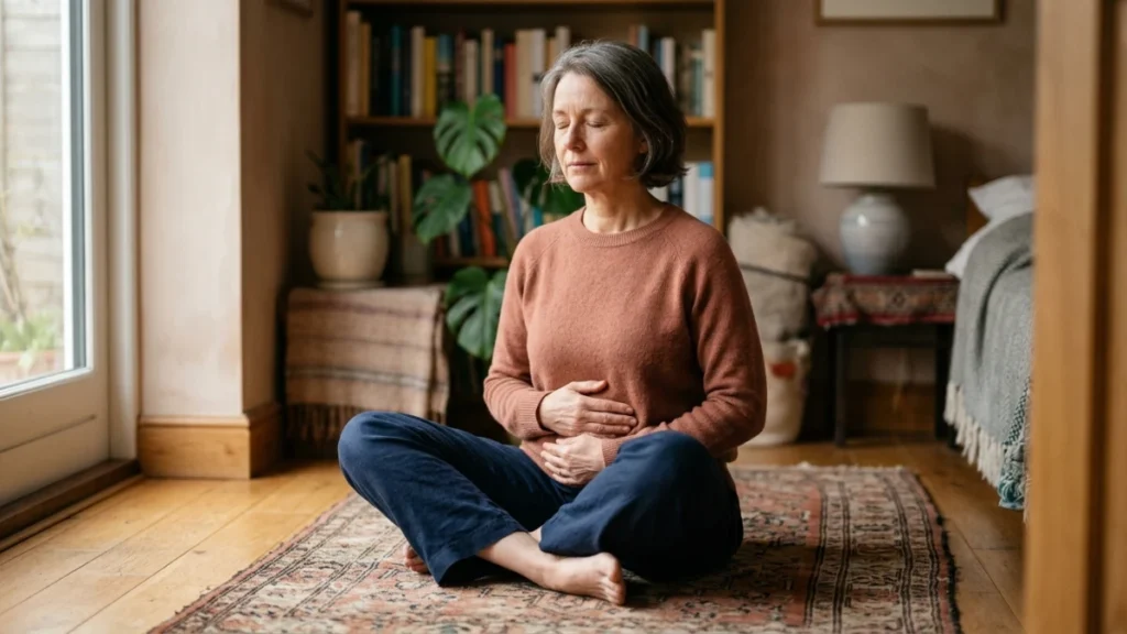 Woman sitting cross-legged on floor with hands on belly and eyes closed tuning into body sensations rather than anxious thoughts.