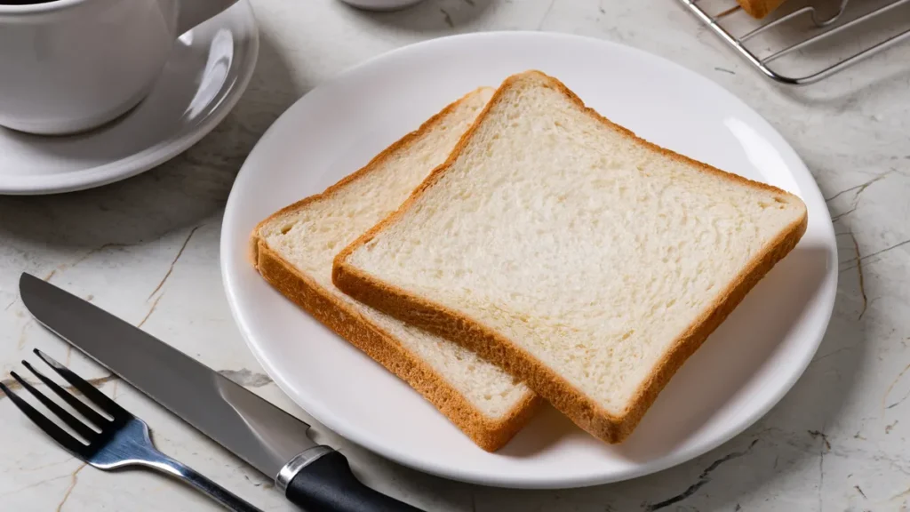 Two slices of white bread with butter and coffee, representing the refined, low-fiber breakfast common in the American diet.