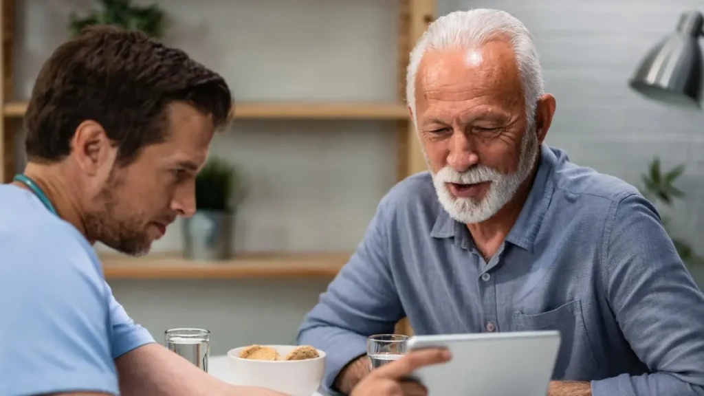 Man in his 50s reviewing health metrics on tablet with wellness coach at modern longevity clinic focused on biological age testing.