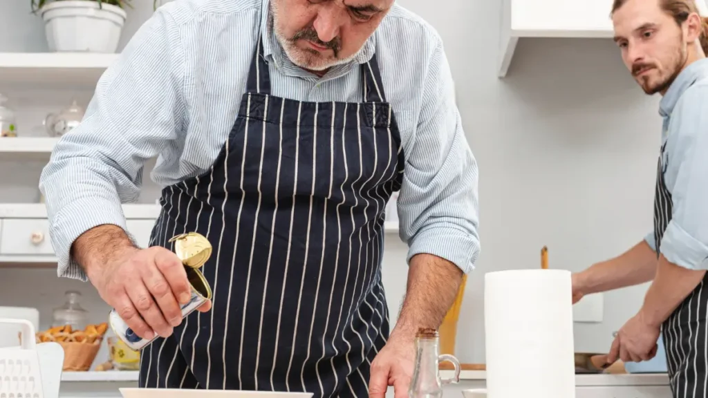 Man in his 50s adding fresh lemon juice over chicken in sunlit kitchen, following the acid rule to reduce glycation during cooking
