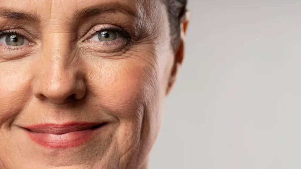 Macro close-up of mature woman's cheek showing natural criss-cross wrinkles and skin texture changes from glycation.