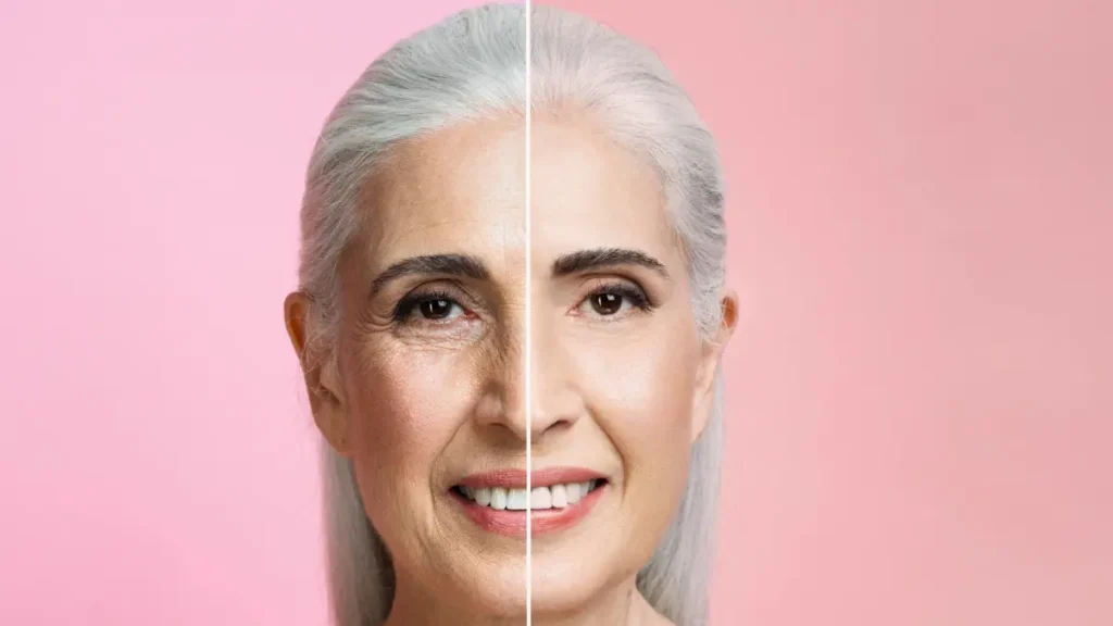 Side-by-side skin aging comparison showing the visible effects of glycation and collagen loss on the left versus restored, youthful skin elasticity on the right.