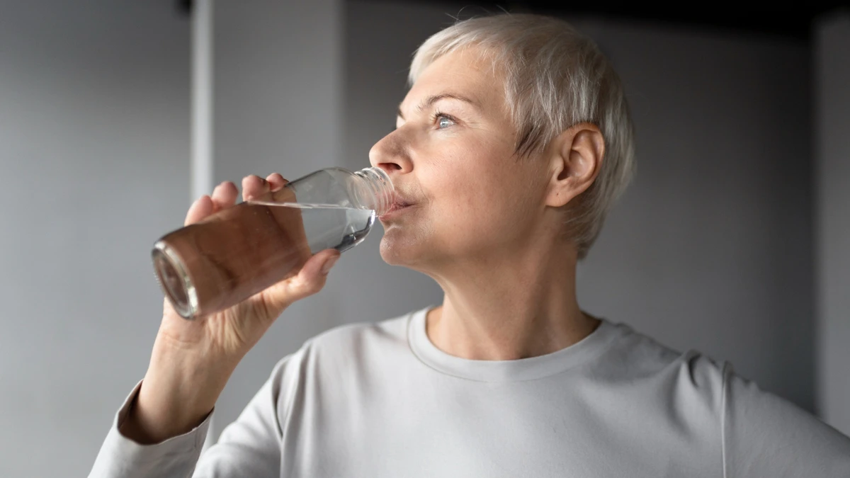 Older woman drinking water at home to stay hydrated, supporting brain function, mental focus, and healthy aging.