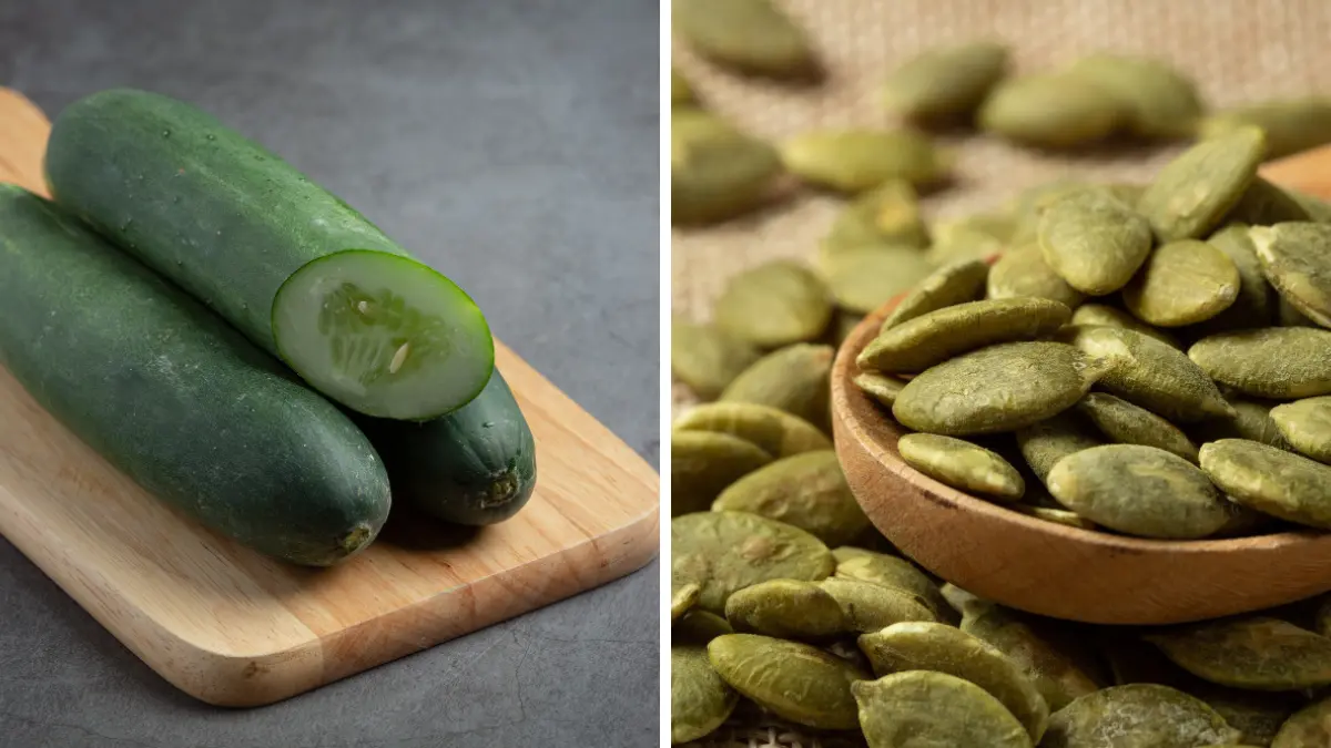Fresh sliced cucumber  and raw pumpkin seeds on wooden spoon, low oxalate foods for kidney stone prevention after 50