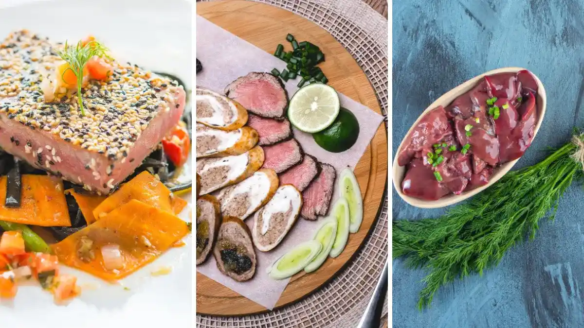 Three panel collage of salmon, beef, and liver with herbs, best vitamin B12 rich foods for seniors concerned about deficiency