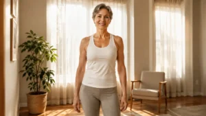 Confident older woman with short gray hair standing tall in a sunlit living room wearing white tank top and gray leggings, smiling after completing a morning chair workout.