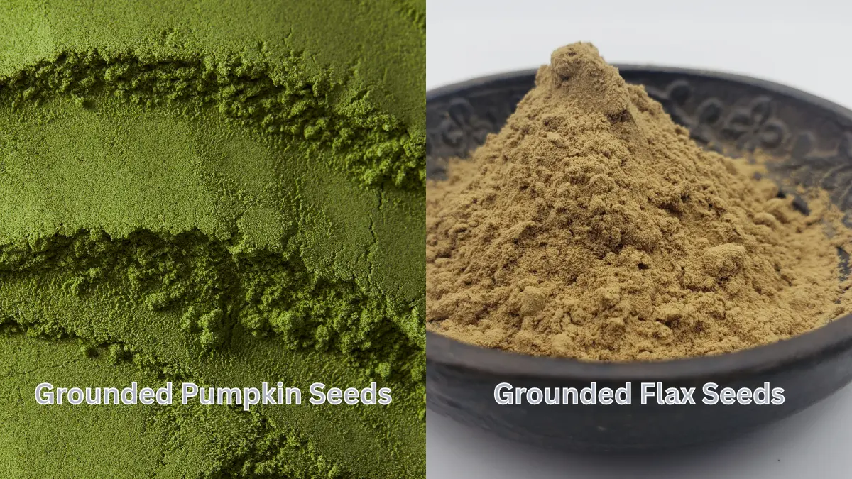 A side-by-side comparison of vibrant green grounded pumpkin seeds and earthy brown grounded flax seeds for follicular phase hormonal support.