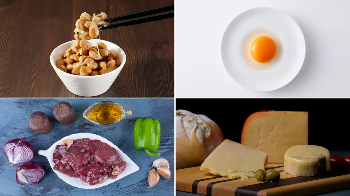 Vitamin K2 rich foods including natto cheese egg yolks and chicken liver that remove calcium from arteries.