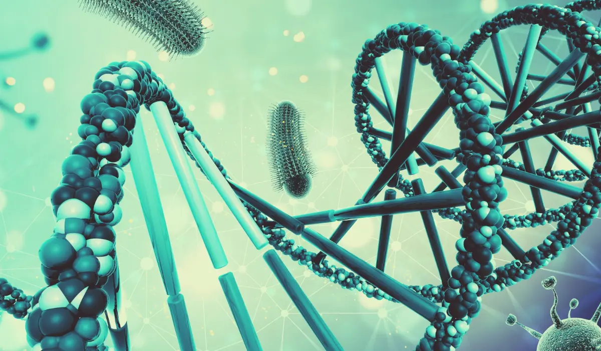 3D scientific illustration of bacteria cells and DNA strands, visualizing the transfer of antibiotic resistance genes in the gut microbiome