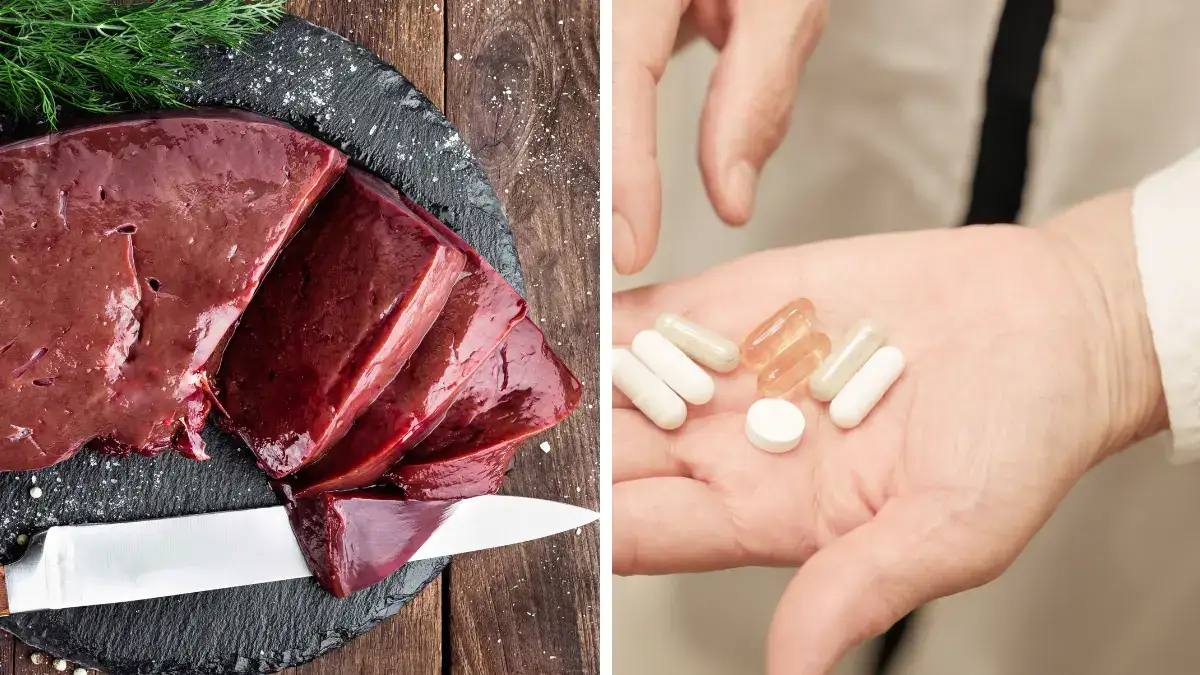 Collage showing raw beef liver and beef liver dietary supplement capsules