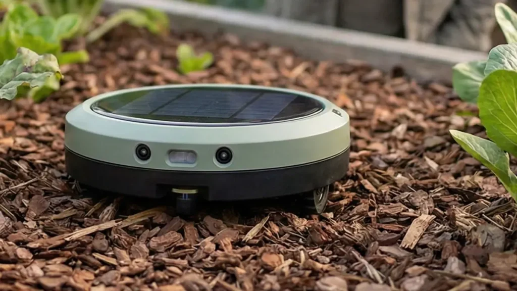 Small circular solar-powered robotic weeder moves across a bark-mulched garden bed between vegetable rows.