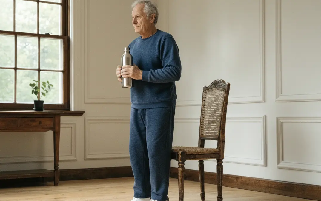 Mature man in his 60s holds a water bottle against his chest while performing a progressive loading exercise at home