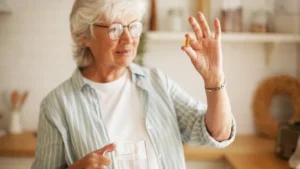 A happy silver-haired woman in her kitchen holding a liver capsule in her hand and a glass of water