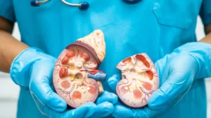 Medical professional holding a kidney model, explaining stone prevention and metabolic health after 50